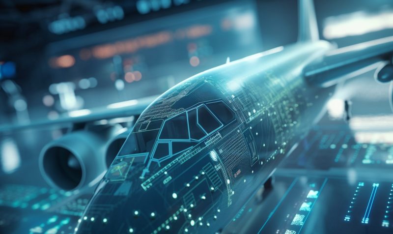 The Future of Aviation: AI-Powered Aircraft Control System Conceptual illustration of an AI-driven aviation industry with advanced flight control systems